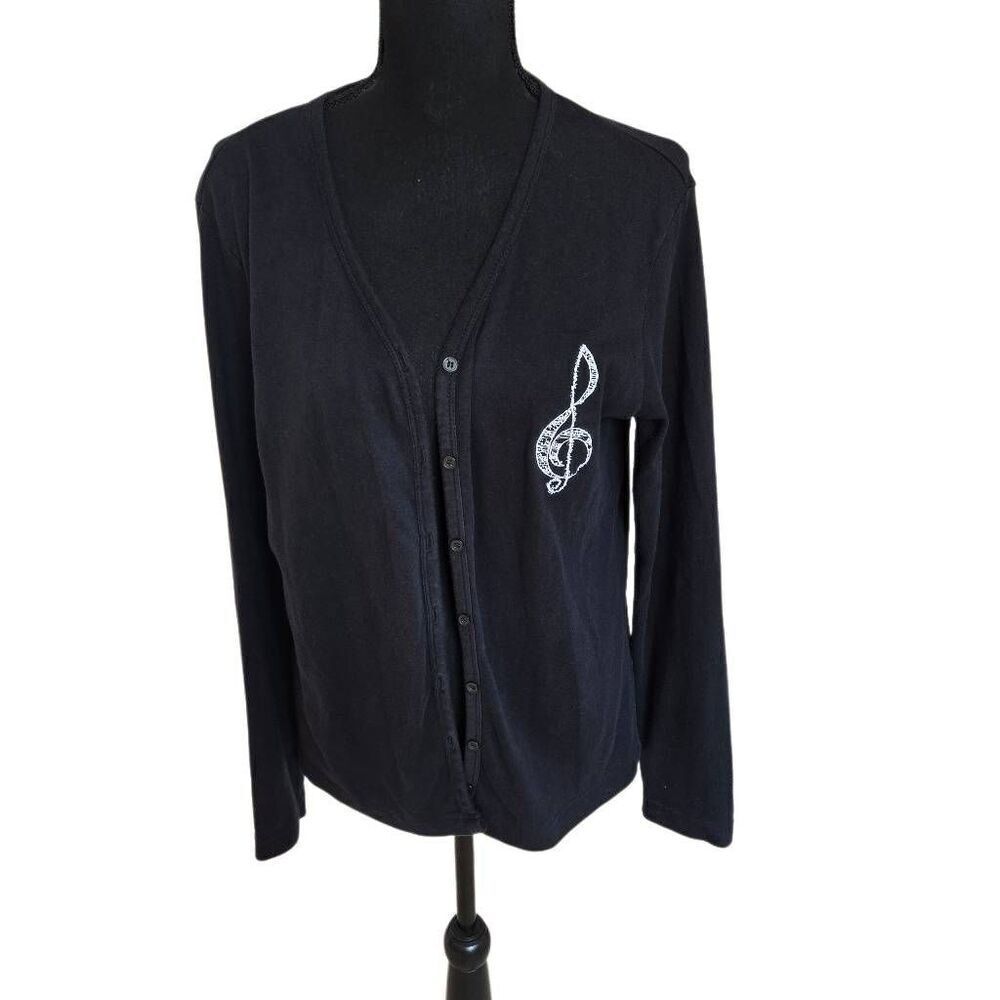 ULTRA CLUB Womens Black Button Front Cardigan with Embroidered Music Note Medium